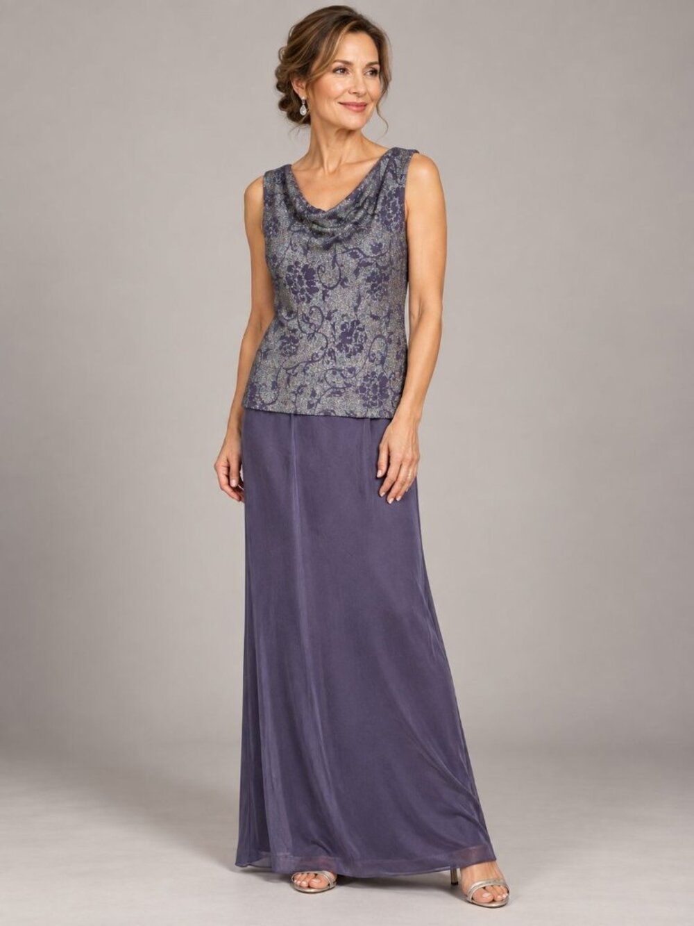 Alex Evenings Purple Shimmer Floral Top & Maxi Skirt Formal Size Petite 6